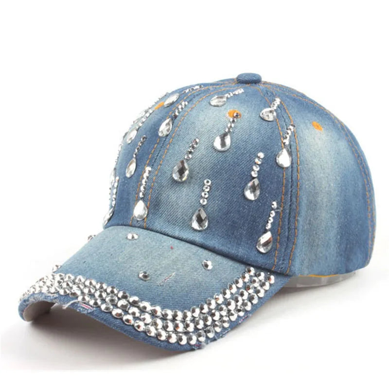 Women's Denim Adjustable Strap Pattern Rhinestone Casual Cap