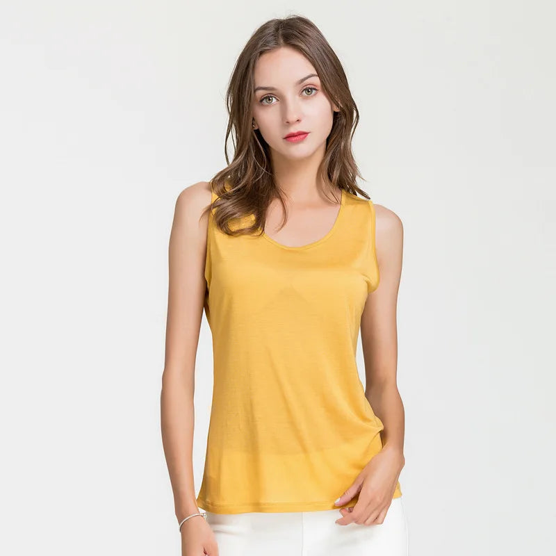 Women's Silk O-Neck Sleeveless Solid Pattern Casual Wear Tops