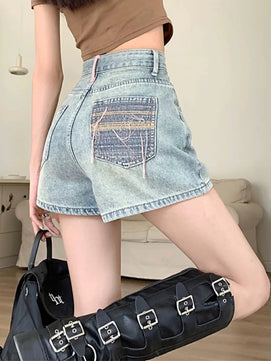 Women's Polyester High Waist Button Fly Casual Plain Denim Shorts