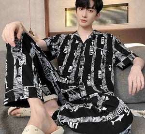 Men's Cotton Turn-Down Collar Short Sleeve Letter Sleepwear Set