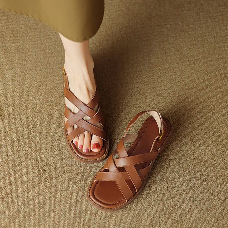 Women's Genuine Leather Square Toe Buckle Strap Closure Sandals