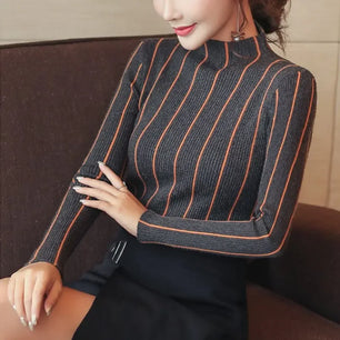 Women's Polyester Turtleneck Full Sleeves Striped Pattern Sweater