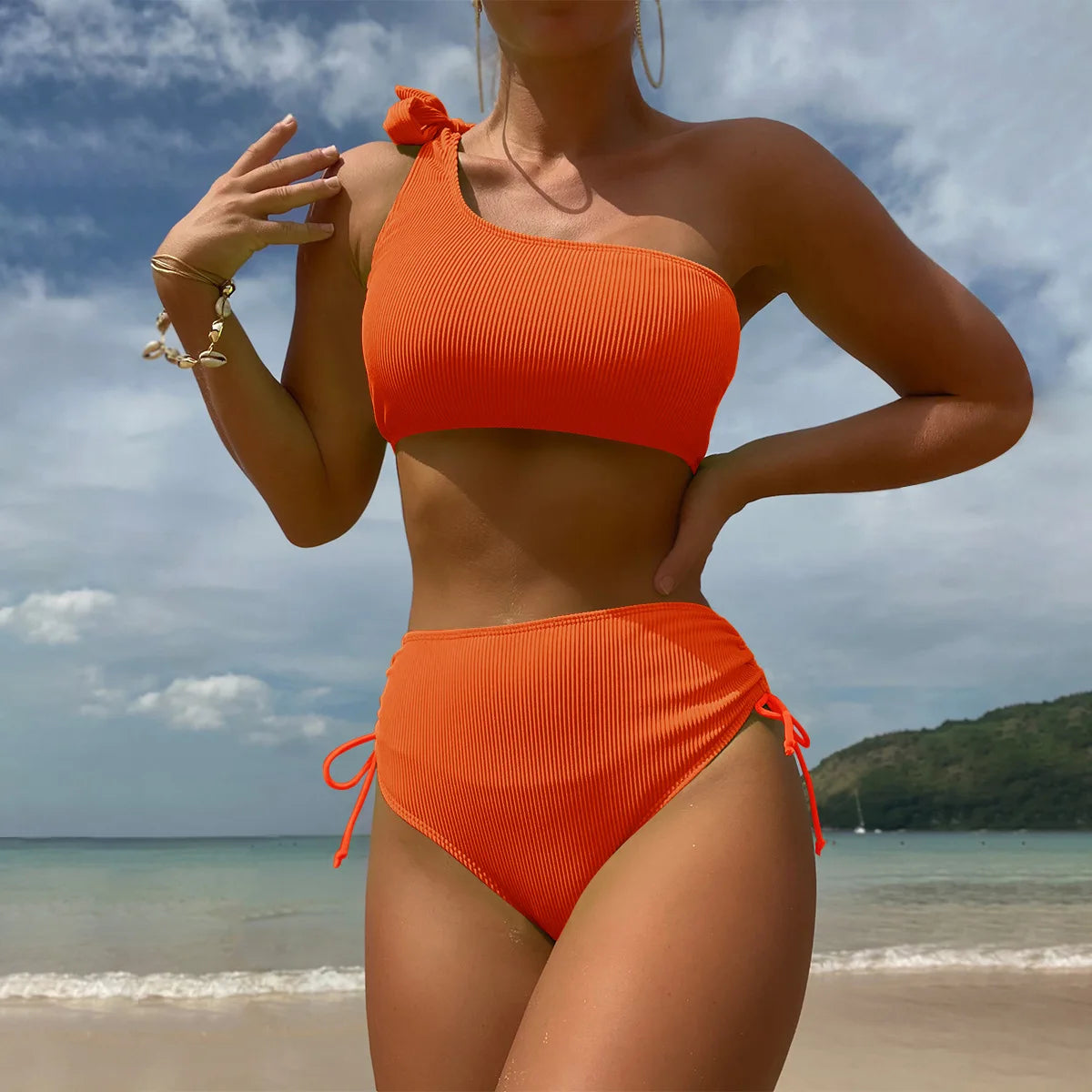 Women's Polyester Mid Waist Push Up One Shoulder Sexy Bikini Set