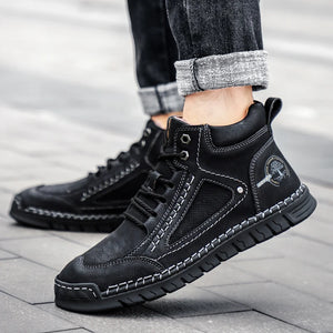 Men's Split Leather Round Toe Lace-Up Closure Casual Sneakers