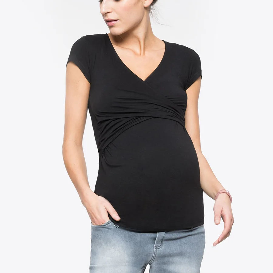 Women's Polyester V-Neck Short Sleeve Breastfeeding Maternity Top