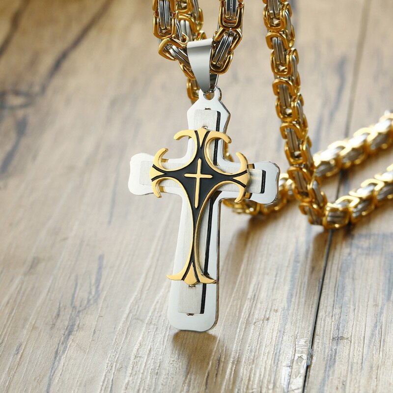 Men's 100% Stainless Steel Link Chain Cross Pendant Necklace