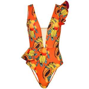 Women's Polyester V-Neck Printed Pattern Trendy Bathing One-Piece