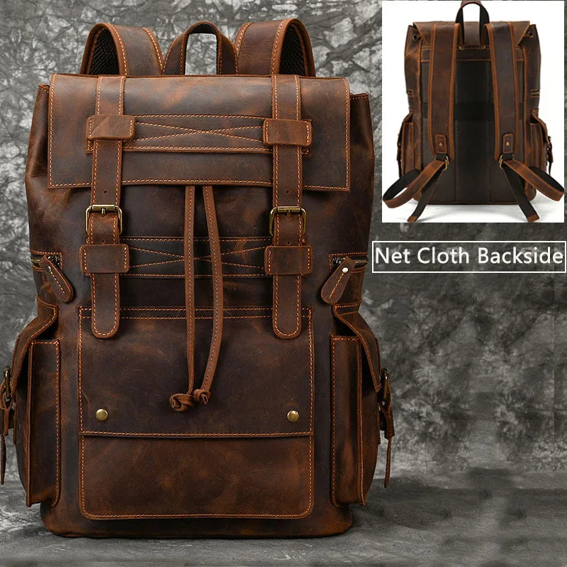 Men's Genuine Leather Zipper Closure Slot Pattern Casual Backpack