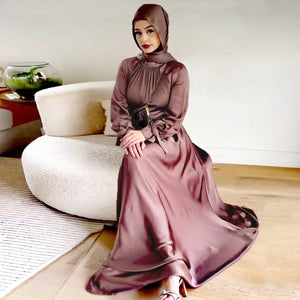 Women's Arabian Satin Full Sleeve Solid Pattern Casual Wear Dress