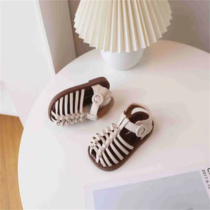 Kid's Leather Round Toe  Hook Loop Closure Solid Pattern Sandals