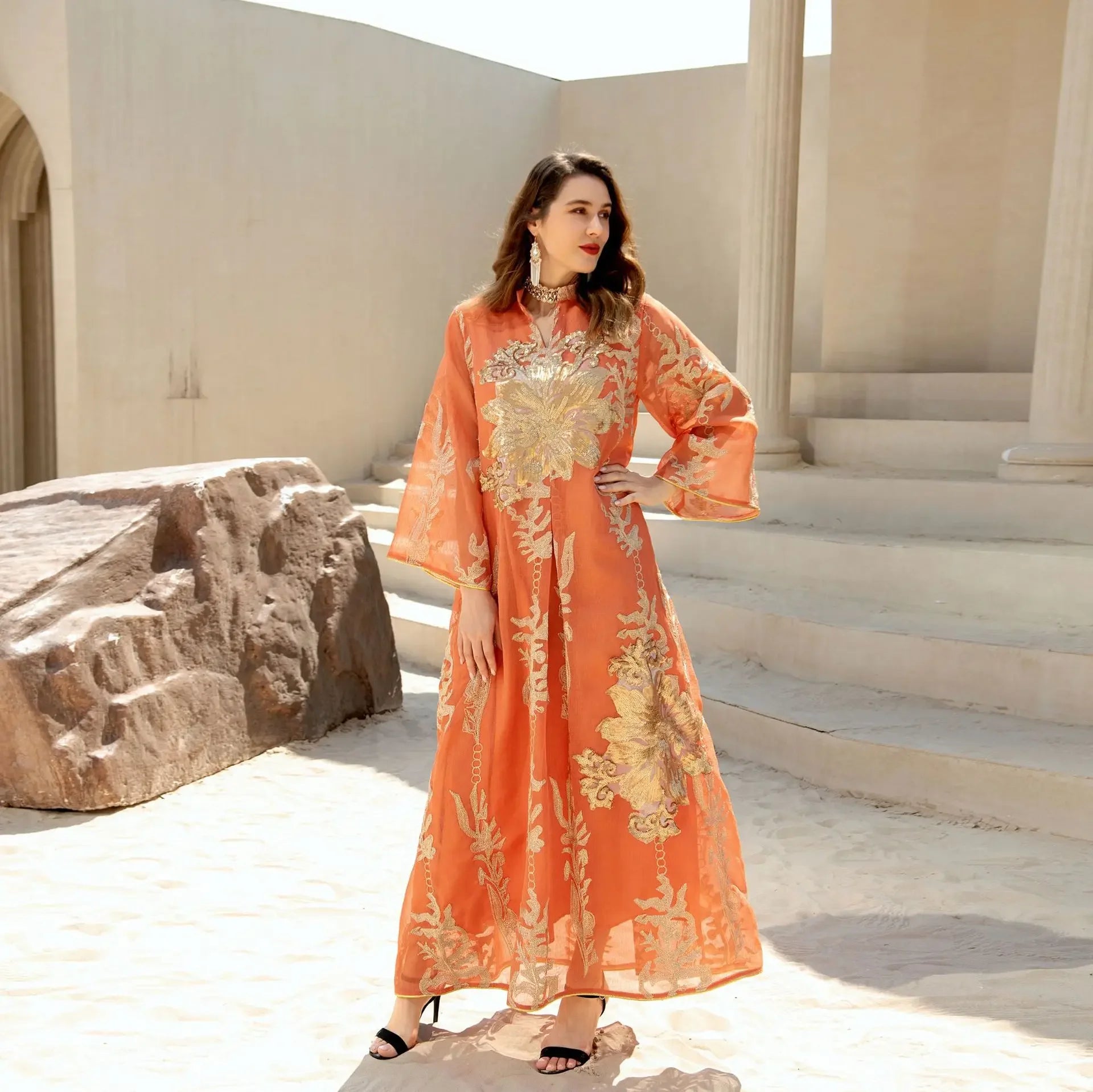 Women's Arabian Polyester Full Sleeve Sequined Pattern Casual Dress