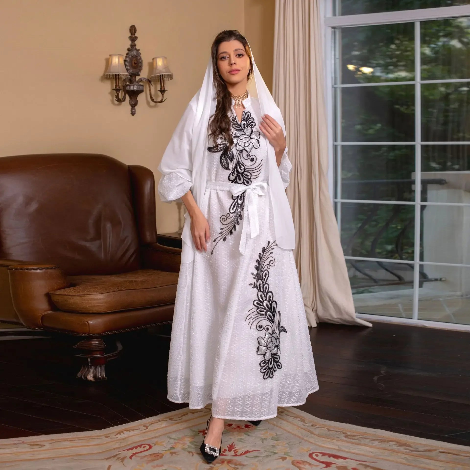 Women's Arabian Polyester Full Sleeve Embroidery Pattern Dress