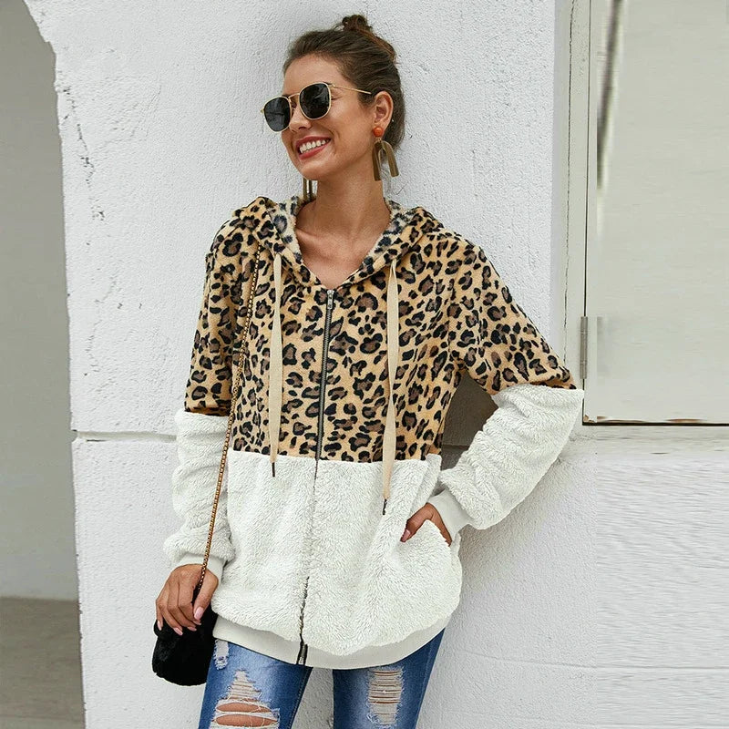 Women's Polyester Full Sleeve Leopard Pattern Zipper Hoodies