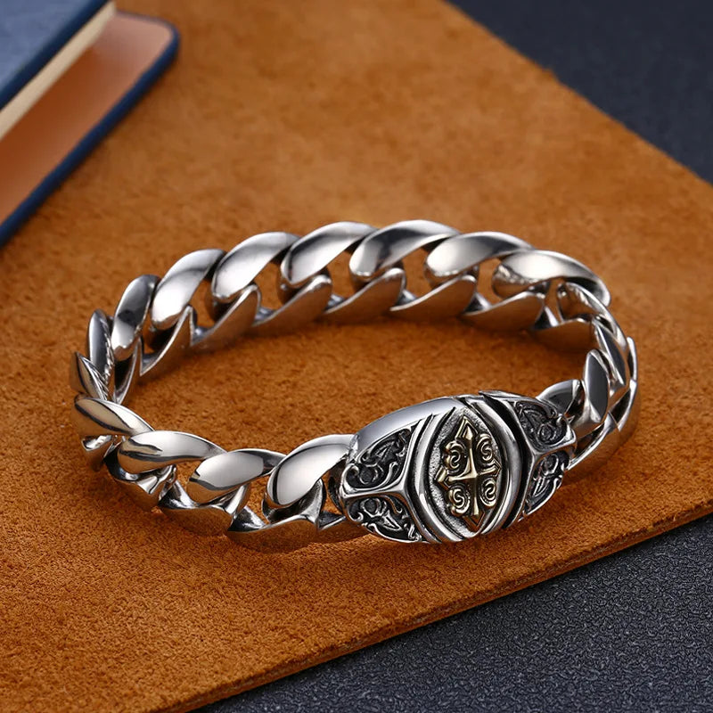 Men's 100% 925 Sterling Silver Geometric Pattern Chain Type Bracelet