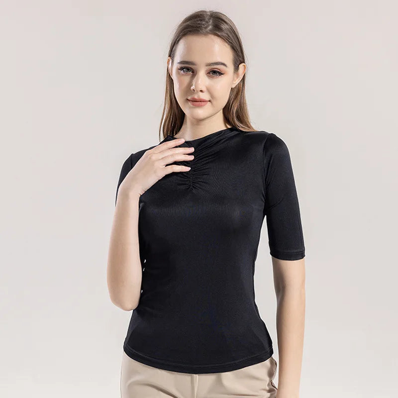 Women's Silk O-Neck Short Sleeve Solid Pattern Elegant Tops