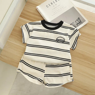 Kid's Cotton O-Neck Short Sleeves Striped Pullover Casual Clothes