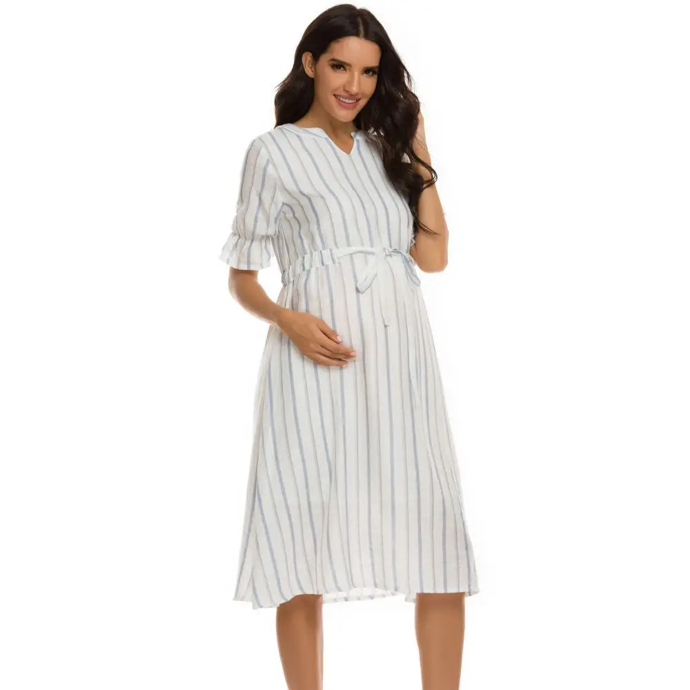 Women's Polyester V-Neck Short Sleeves Striped Maternity Dress