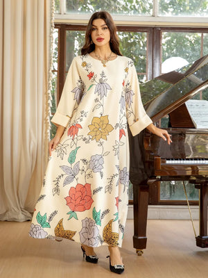 Women's Arabian Polyester Full Sleeves Floral Pattern Dress