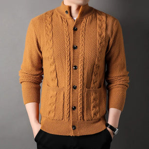 Men's Polyester Stand Collar Full Sleeves Single Breasted Sweater