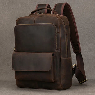 Men's Genuine Leather Solid Pattern Zipper Closure Backpack