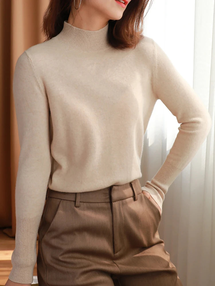 Women's Cashmere Turtleneck Full Sleeve Solid Pattern Sweater