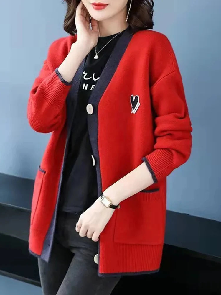 Women's Polyester V-Neck Long Sleeves Solid Pattern Cardigan