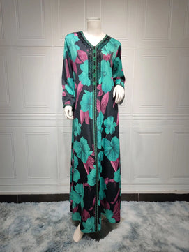 Women's Arabian Polyester Full Sleeve Floral Pattern Casual Dress