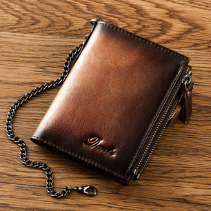 Men's Genuine Leather Zipper Closure Letter Pattern Trendy Wallet