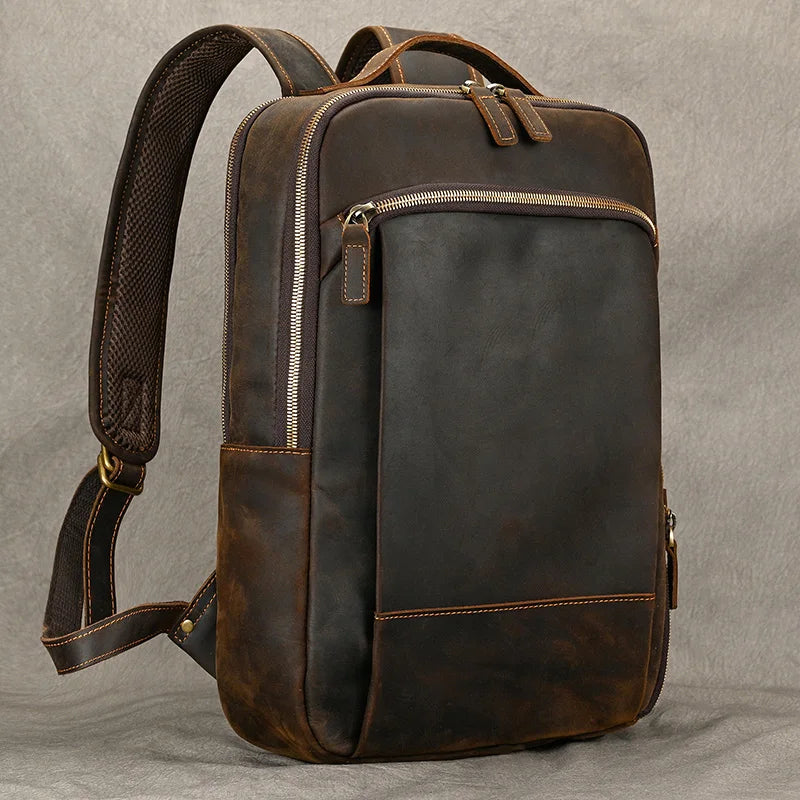 Men's Genuine Leather Zipper Closure Solid Laptop Backpack