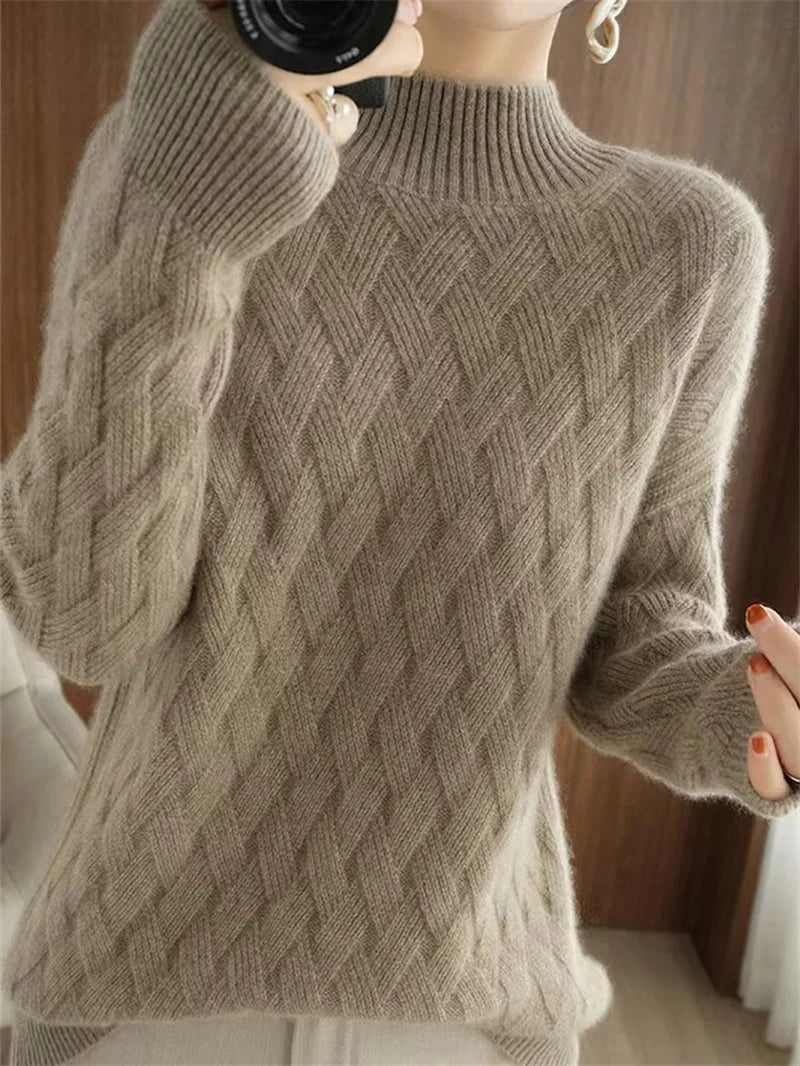 Women's Acrylic Mock-Neck Full Sleeves Knitted Pattern Sweater