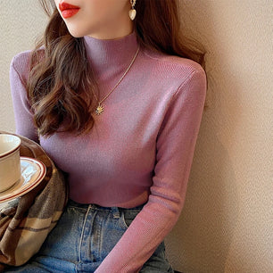 Women's Cashmere Mock-Neck Full Sleeves Solid Pattern Sweater