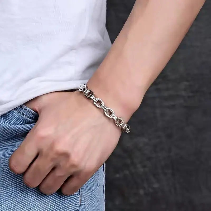 Men's 925 Sterling Silver Geometric Pattern Chain Type Bracelet