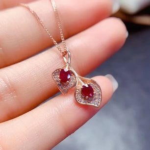 Women's 100% 925 Sterling Silver Ruby Leaf Shaped Trendy Necklace