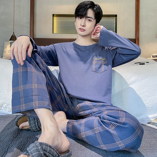 Men's Cotton O-Neck Long Sleeves Trendy Sleepwear Pajamas Set