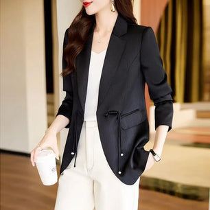 Women's Cotton Notched Long Sleeves Solid Pattern Casual Blazer