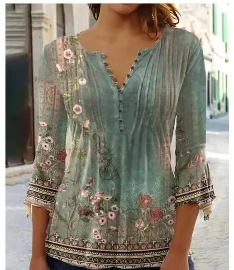 Women's Polyester V-Neck Long Sleeves Floral Pattern Mini Blouse