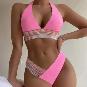 Women's Polyester Mid Waist Patchwork Pattern Swimwear Bikini Set