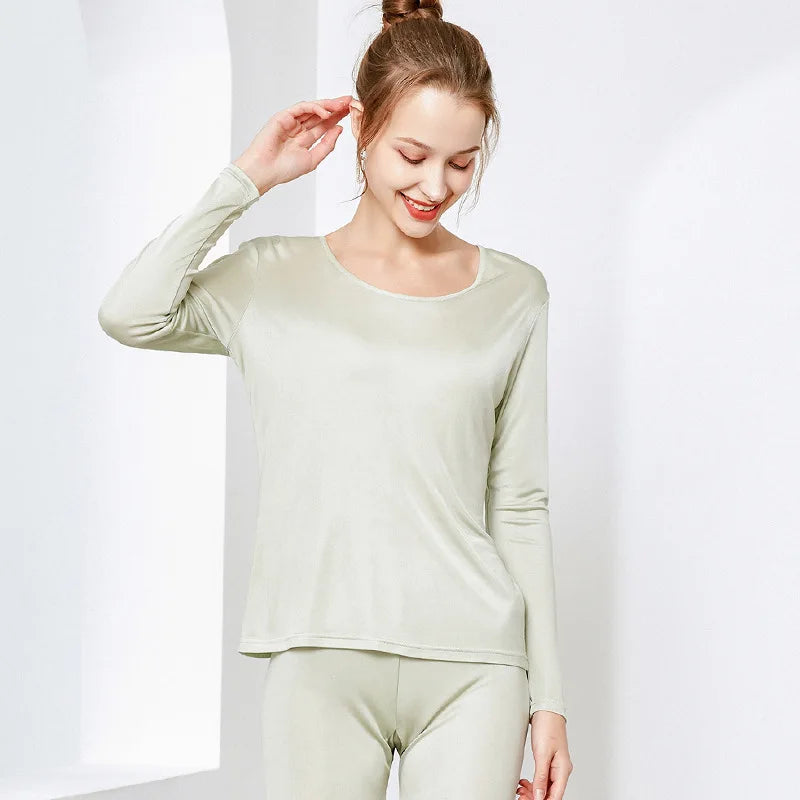 Women's Silk O-Neck Long Sleeve Solid Pattern Sleepwear Set