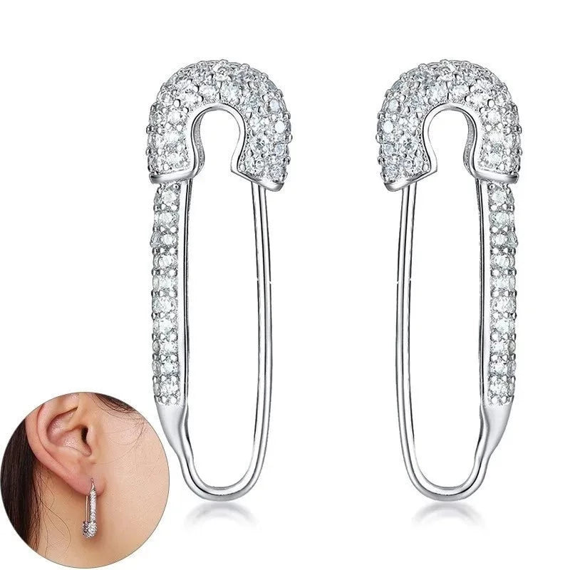 Women's Copper Cubic Zirconia Trendy Safety Pin Shape Earrings