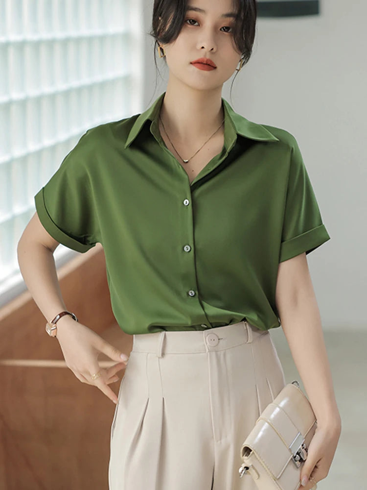 Women's Polyester Turn-Down Collar Short Sleeve Casual Wear Blouse