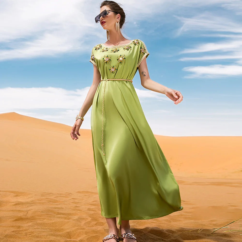 Women's Arabian Polyester Short Sleeve Beaded Casual Dresses