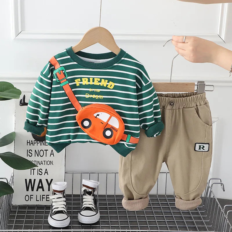 Kid's Boy Cotton O-Neck Full Sleeves Pullover Striped Trendy Suit