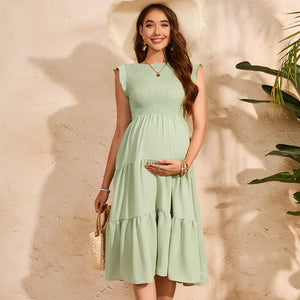 Women's Polyester O-Neck Sleeveless Pleated Pattern Maternity Dress