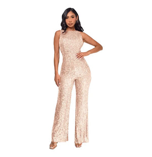 Women's Polyester O-Neck Sleeveless Sequined Pattern Jumpsuit