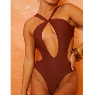 Women's Polyester V-Neck Solid Pattern Backless Bathing One-Piece