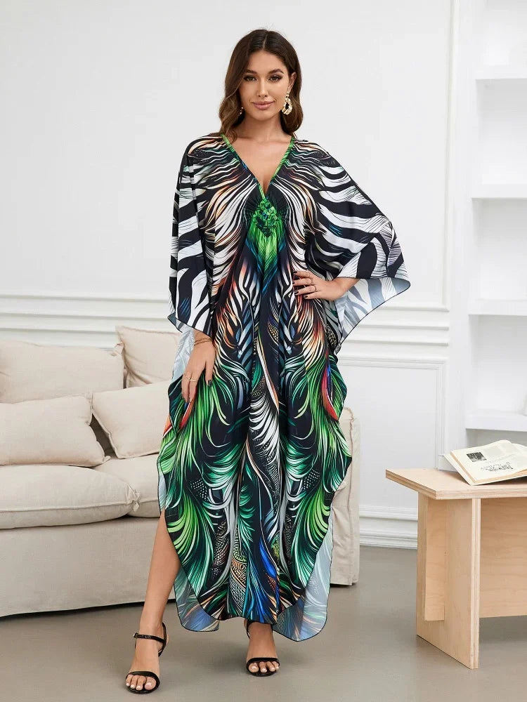 Women's Polyester V-Neck Long Sleeve Printed Pattern Maxi Dress