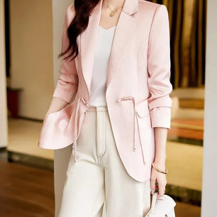 Women's Cotton Notched Long Sleeves Solid Pattern Casual Blazer