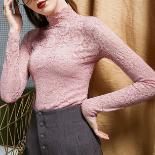 Women's Polyester Turtleneck Long Sleeves Patchwork Blouse