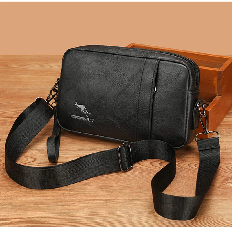 Men's PU Leather Zipper Closure Solid Pattern Elegant Shoulder Bag