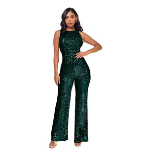 Women's Polyester O-Neck Sleeveless Sequined Pattern Jumpsuit